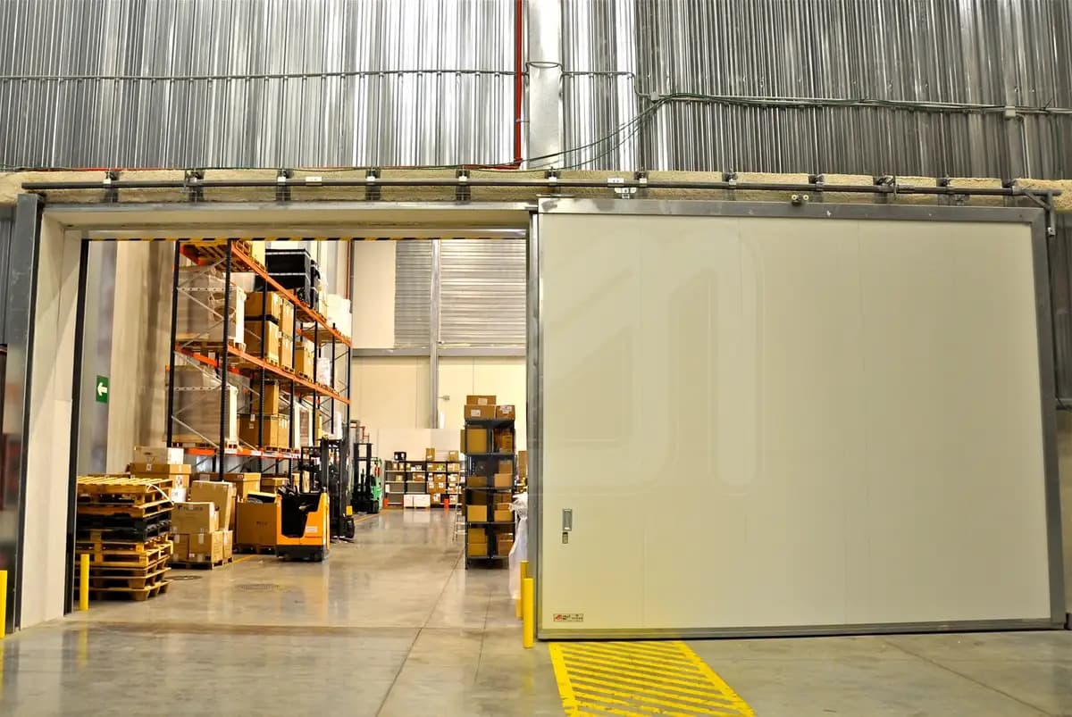 Porte coulissante acier à demi ouverte dans un entrepôt logistique, chariot élévateur circulant entre les racks