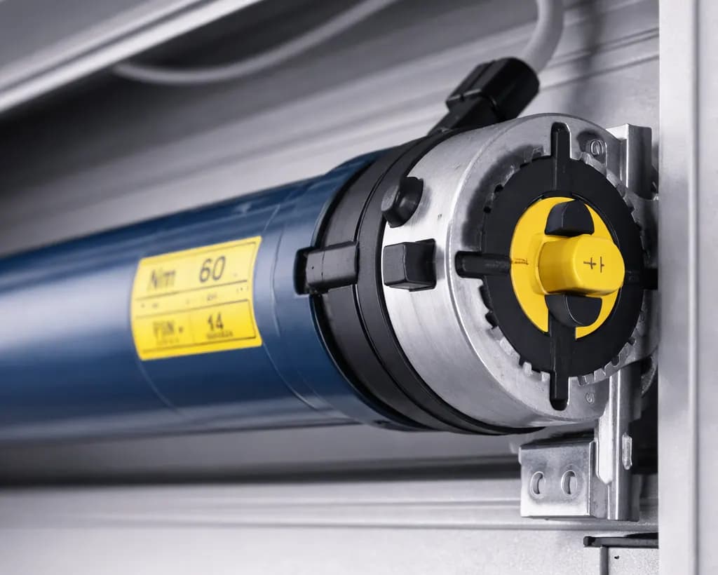 Moteur tubulaire 60 Nm et couronne de manœuvre de secours montés dans le caisson d’un rideau métallique