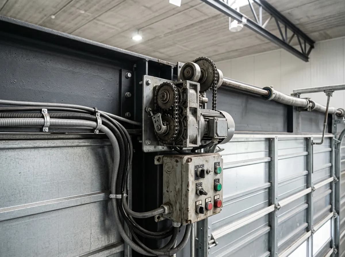 Schéma de fonctionnement portail rapide : tambour, toile PVC, profilés aluminium, barre palpeuse